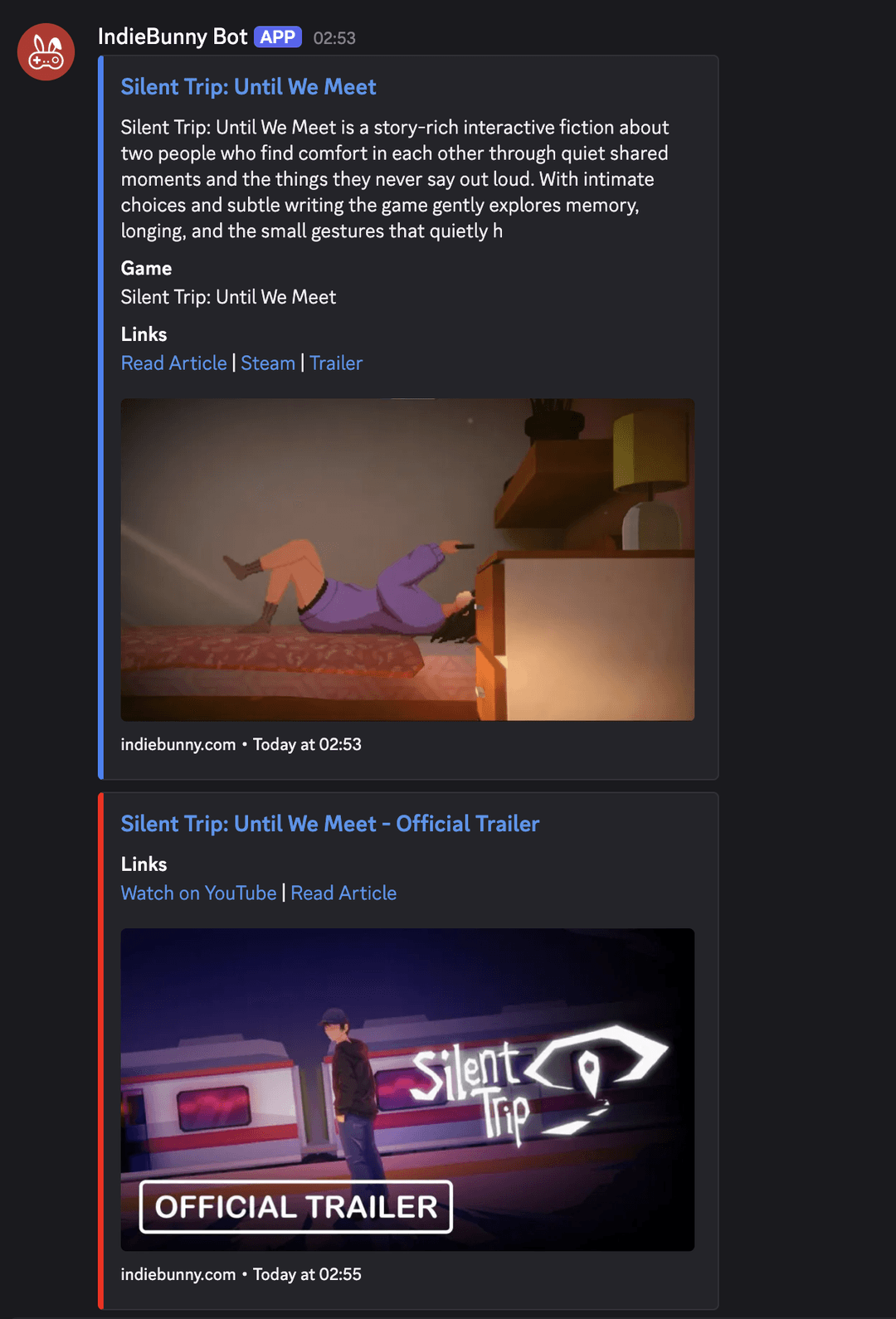 Example of a Discord embed posted by the IndieBunny Bot